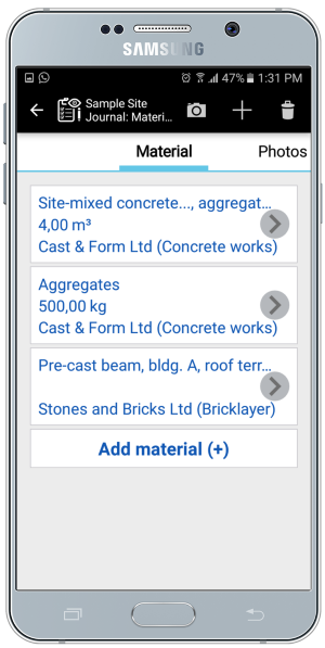 Management of construction materials in the Site Journal Construction Diary.